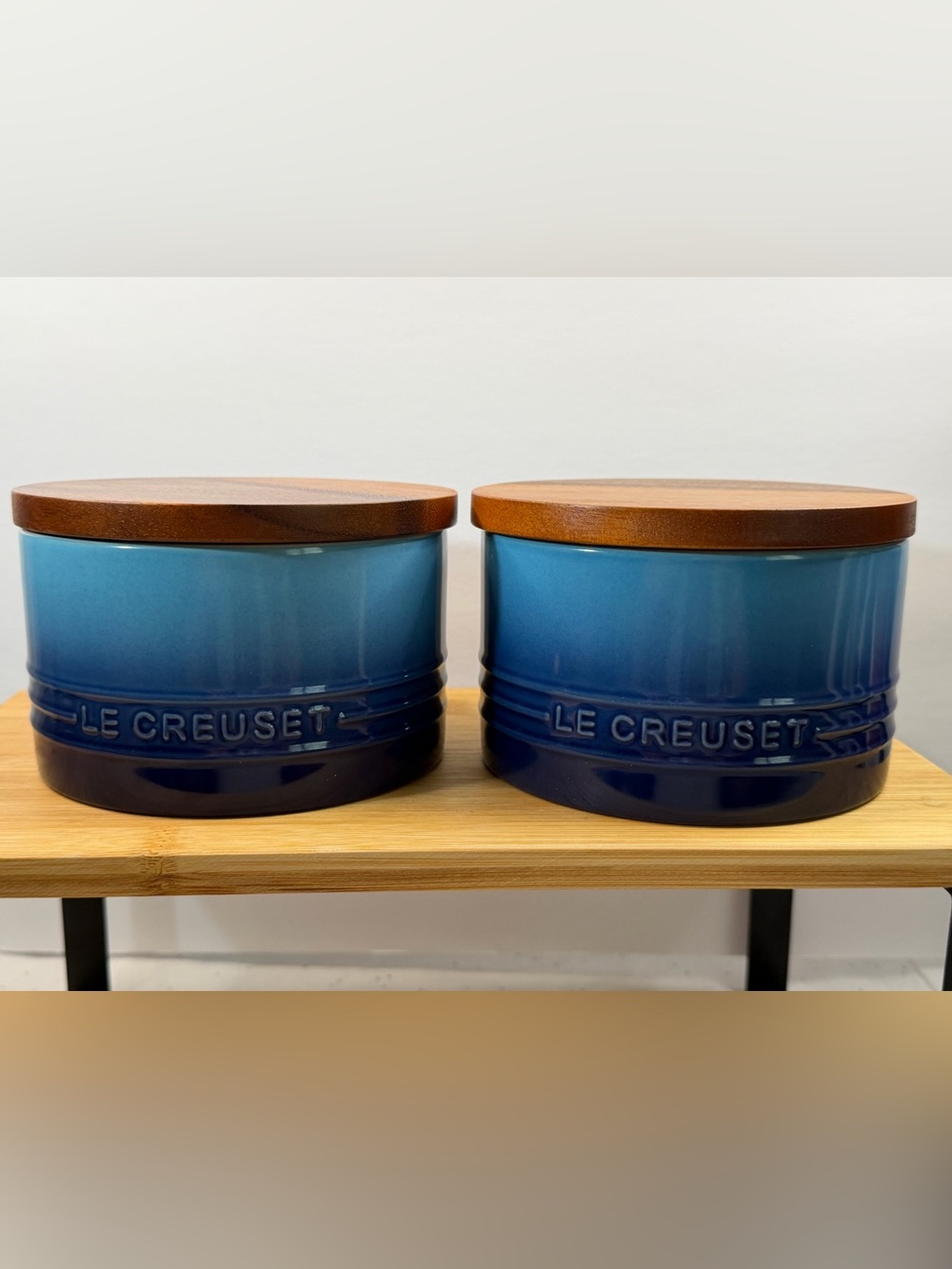 2 Le Creuset Stoneware Signature Storage Canister Wood Lid 16oz ~ AZURE BLUE